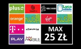 T-Mobile na kartę za 25 zł. Obok loga T-Mobile widnieją inne marki: Plus, Heyah, Mobile Vikings, Lyca mobile, Orange, Plush, Virgin mobile, a2mobile, Play, Red Bull Mobile.
