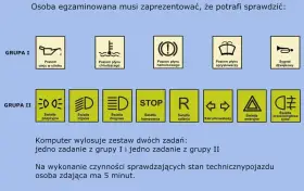 Na egzaminie na prawo jazdy sprawdzisz 9 elementów z grupy I i 9 z grupy II. Komputer losuje po jednym z każdej grupy.