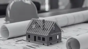 Model domu na planach budowlanych, z widoczną szerokością elewacji frontowej. Obok kask budowlany i zwinięte projekty.