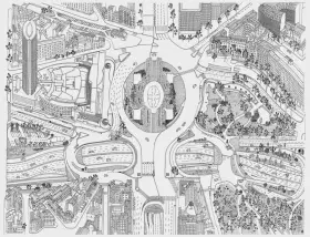 Un croquis de Paris, vu du ciel, avec un rond-point central, des immeubles, des routes sinueuses et un parc verdoyant.