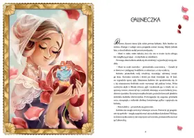 Kobieta trzyma w dłoniach pąk róży, z którego wyłania się maleńka dziewczynka. Ilustracja nawiązuje do baśni Andersena.