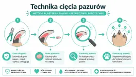 Ilustracja pokazuje, jak obciąć psu pazury metodą "plasterka salami". Krok po kroku: oceń długość, obcinaj małe fragmenty, kontroluj odrost i powtarzaj.