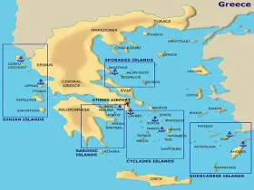 Mapa Grecji z zaznaczonymi archipelagami: Wyspy Jońskie, Sarońskie, Sporady, Cyklady i Dodekanez. Odkryj najpiękniejsze wyspy greckie!