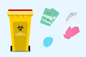 Żółty pojemnik na odpady medyczne z symbolem biohazard. Obok strzykawki, rękawiczki, maska i opakowania ze sprzętem.