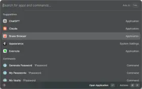 Wyszukiwanie aplikacji i poleceń w Raycast. Widoczne sugestie: ChatGPT, Claude, Brave Browser, Appearance, Evernote. Poniżej polecenia 1Password.