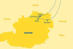 Mapa Austrii z zaznaczonymi miastami: Wiedeń, Melk, Durnstein, Krems. Planujesz podróż? Sprawdź, co zobaczyć w Dolinie Wachau!