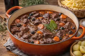 Un plat mijoté de daube de boeuf, avec des carottes, des olives et des herbes, prêt à être dégusté.