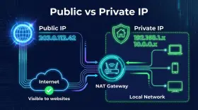 Ilustración comparando direcciones IP públicas y privadas, con un router y un globo para la pública, y una casa y dispositivos para la privada.