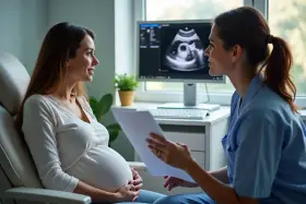 Ciężarna kobieta rozmawia z lekarką przy monitorze z badaniem USG płodu.