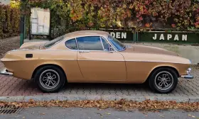 Klasyczny Volvo P1800 w kolorze złotym, zaparkowany na tle jesiennych liści i zielonego płotu z napisem "JAPAN".
