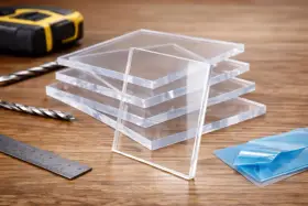 Stack of clear acrylic sheets, showcasing their plexiglass strength. Tools like a tape measure, drill bits, and ruler suggest a project in progress.