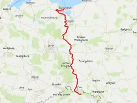 Mapa z zaznaczonym szlakiem rowerowym Odra-Nysa, idealnym do planowania noclegów i podróży.