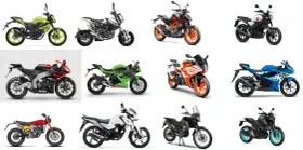 Kolekcja motocykli, w tym modele marki japońskich motocykli: Yamaha, Suzuki, Kawasaki. Różne style, od sportowych po terenowe.