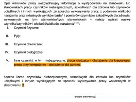 Formularz do badań wstępnych do pracy, uwzględniający czynniki szkodliwe, uciążliwe i niebezpieczne, np. praca siedząca i przy komputerze.