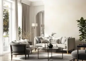 Elegancki salon z jasnymi meblami i dekoracjami. Ściany pomalowane na kremowy kolor, co podkreśla różne rodzaje tapet w subtelnych odcieniach.