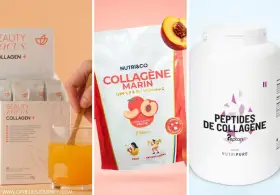 Trois produits de beauté : une boîte de sachets de collagène, un sachet de collagène marin pêche, et un pot de peptides de collagène.