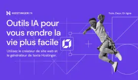 Outils IA Hostinger pour un blog facile. Un homme saute de joie, symbolisant la simplicité de créer un site web et du contenu.