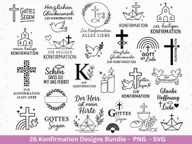 Viele evangelische Symbole für die Konfirmation: Kreuze, Tauben, Kirchen, Schiffe, Kerzen, Regenbogen, Kelch, Brot, Trauben.