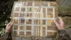 Mapa z zaznaczonymi miejscami, notatkami typu "no gas" i "Fuck FEDRA GATE". Szukamy kodu do bramy w The Last of Us 2.