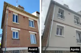 Rénovation d'une façade : avant, la brique est usée ; après, elle est ravalée et repeinte en beige clair.