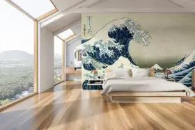 Camera da letto idee originali con un murale ispirato alla Grande Onda di Kanagawa. Un letto moderno e finestre panoramiche completano l'ambiente.
