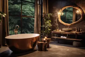 Baignoire cuivrée, lavabo en bois brut, et vue sur la forêt. Une **salle de bain zen** pour se ressourcer.