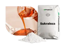 Słodzik sukraloza w proszku i płynie, obok białego worka z napisem "Sukraloza".