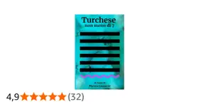 Copertina libro "Turchese non meno di 7", con sfondo turchese e righe nere. Valutazione 4,9 stelle.