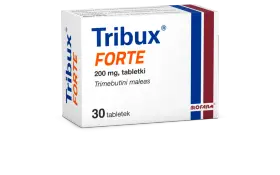 Opakowanie leku Tribux FORTE 200 mg, 30 tabletek. Pomaga na problemy z układem pokarmowym.
