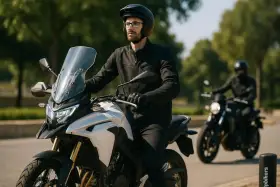 Uomo alto 1.90 in sella a una moto da turismo bianca, con un altro motociclista sullo sfondo.
