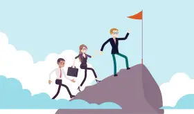 Teamwork in nonprofit management: a leader helps colleagues ascend a mountain to reach a flag, symbolizing shared goals and success.