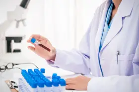 Laborant w białym fartuchu trzyma probówkę z krwią, w tle mikroskop i rząd probówek.