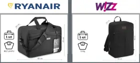 Bagaż podręczny Ryanair: torba 40x25x20 cm bez limitu wagowego. Wizz Air: plecak 40x30x20 cm, limit 10 kg.