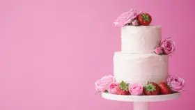 En vacker tvåvåningstårta med rosa frosting, dekorerad med rosor och jordgubbar. Perfekt för ett sommarbröllop eller en fest. Ett enkelt tårta recept att följa.