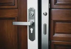 Poignée et serrure argentées sur une porte d'entrée en bois sombre.