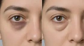Comparación de ojos: antes con ojeras oscuras y bolsas, después con piel más lisa y clara. Muestra cómo tratar porque salen ojeras.