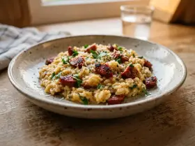 Risotto z chorizo i natką pietruszki na talerzu, z widokiem na okno.