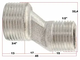 Metalowy nyplowy reduktor z gwintami 3/4" i 1/2". Wymiary: 13, 17, 15, 32,4, 45 mm. Idealny do instalacji, gdzie potrzebne są różne krzywki do baterii rozmiary.