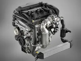 Silnik 1.6 THP z turbosprężarką i intercoolerem. Widoczne elementy układu dolotowego i paski napędowe.