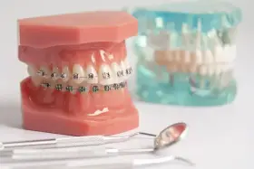 Model szczęki z aparatem ortodontycznym, narzędzia stomatologiczne i przezroczysty model zębów. Aparat ortodontyczny NFZ może pomóc w osiągnięciu pięknego uśmiechu.