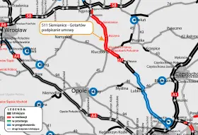 Mapa drogowa z zaznaczonym odcinkiem S11 Siemianice - Gotartów w realizacji. Widoczne są drogi krajowe i autostrady.