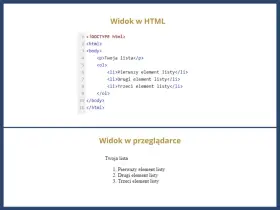 Kod HTML tworzy listę: "Twoja lista" z trzema elementami. Widok w przeglądarce pokazuje tę listę.