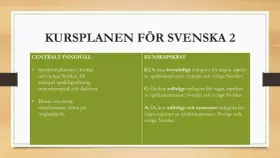 Kursplan för Svenska 2 som beskriver språkförhållanden i Sverige och övriga Norden, samt kunskapskrav kring språksituationen i Norden.