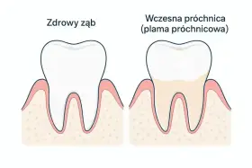 Porównanie zdrowego zęba z zębem z wczesną próchnicą, gdzie widoczna jest niewielka dziura w zębie.
