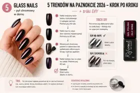 Dłoń z idealnymi paznokciami hybrydowymi w kolorze ciemnego burgundu z efektem lustra. Instrukcja krok po kroku, jak uzyskać ten efekt w domu.