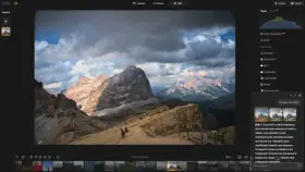 Edycja zdjęcia w Luminar: dramatyczny krajobraz górski z burzowym niebem, poprawa kontrastu i detali.