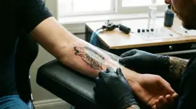 Artysta zdejmuje folię z nowo zrobionego tatuażu wilka na przedramieniu. Proces gojenie tatuażu bez folii jest kluczowy.