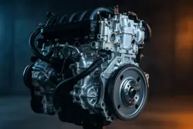 Motore termico moderno, simbolo di efficienza e potenza. Dettagli metallici lucidi e tubi neri si intrecciano in un'opera di ingegneria.