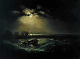 Un tableau clair obscur dramatique : des bateaux luttent contre des vagues déchaînées sous une lune voilée. La lumière perce les nuages, éclairant la scène maritime tourmentée.