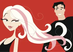 Ilustracja stylizowana: kobieta z blond włosami i mężczyzna z czarnymi włosami na czerwonym tle.